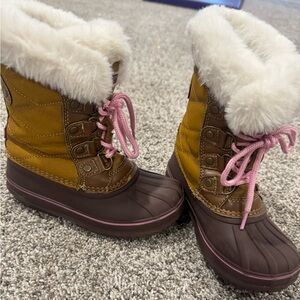 London Fog Cozy Brown and Yellow Kids Snow Boots